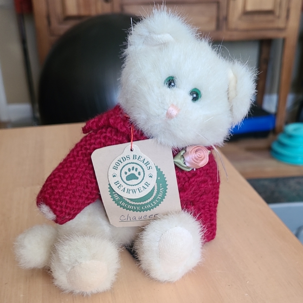 Boyds Bears Cream Cat Plush with Red Knit Sweater
